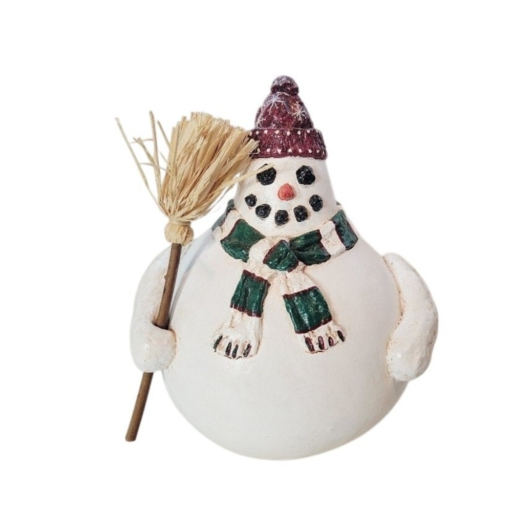 Vintage 1998 Vicki Thomas Enesco Snowman Figurine with Straw Broom Folk Art 8.5"